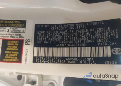 2012 Toyota Camry Se Limited Edition z USA, uszkodzony, nr VIN 4T1BF1FK4CU634264